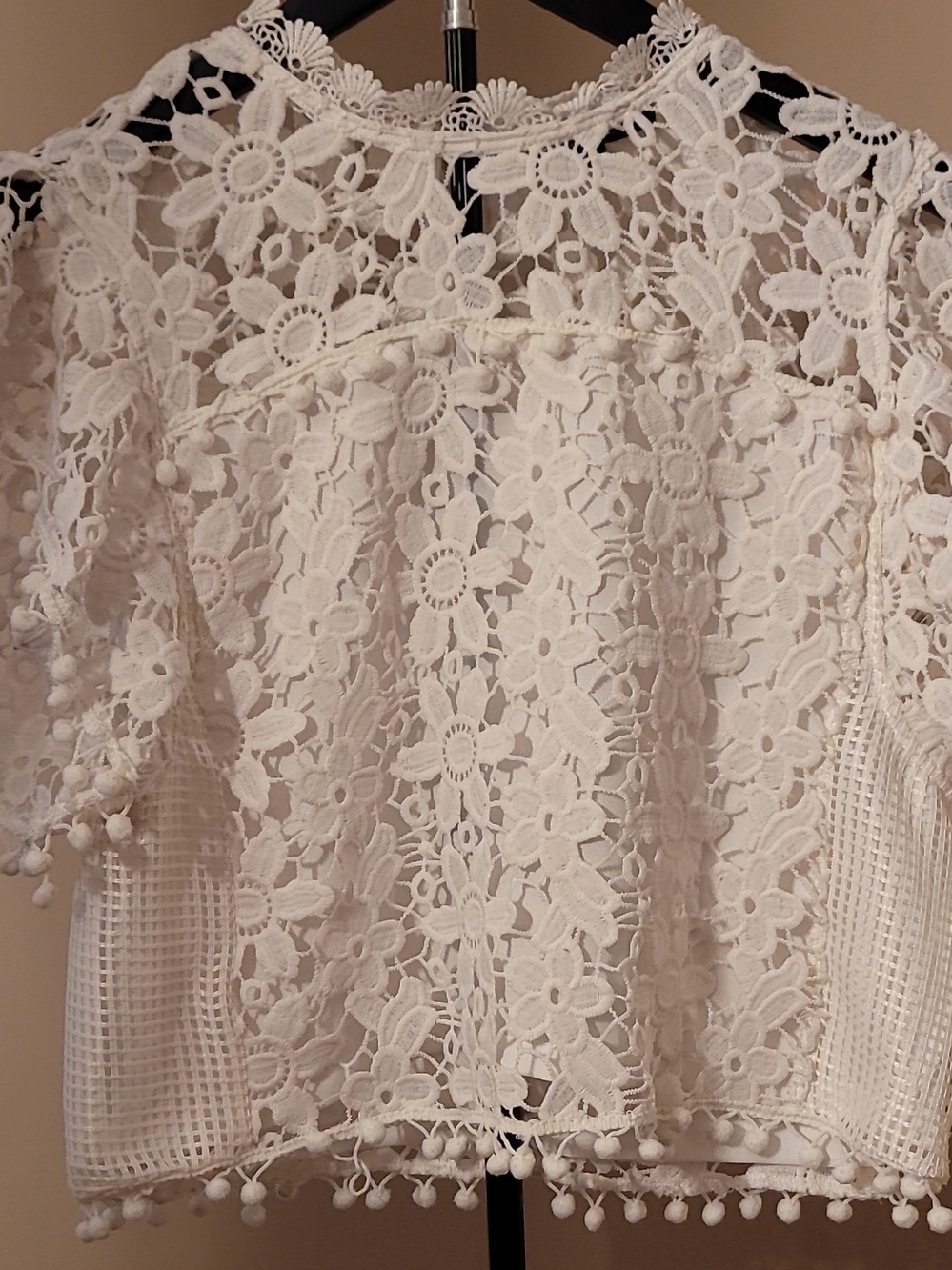 Romeo & Juliet Couture Y2K Ivory Crochet Lace Top with Pom-Pom Trim Size S